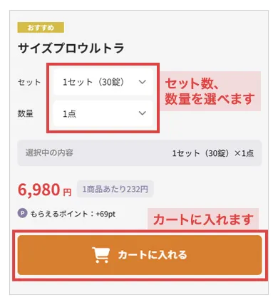 セット数、数量を選んでカートに入れる