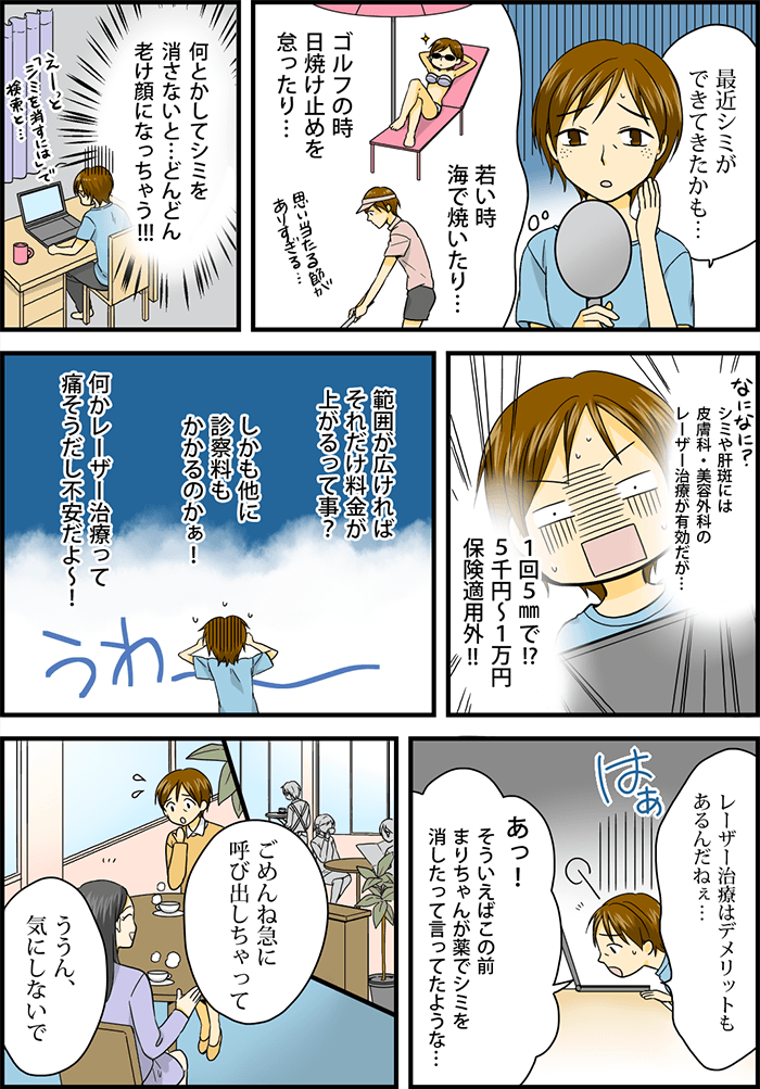 主人公の女性「最近シミができてきたかも」と過去の海での日焼けや、日々の日焼け止めを塗らなかった事を思い出す。そこでPCでシミを消す方法について調べてみる、シミや肝班にはレーザー治療が有効だが、1回5mmで5千円~1万円、しかも保険適用外と知り、その金額の高さに驚き不安が漂う主人公。すると「この前まりちゃんが薬でシミを治したって言ってたような・・・」とふと思い出し、早速友人のまりと喫茶店で待ち合わせることに。