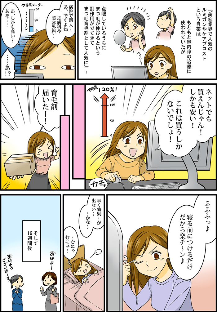 『美容業界で人気のルミガンやケアプロストという目薬はもともと緑内障の治療に使われていたが点眼しているうちにまつ毛が伸びるという副作用がでてきてまつ毛育毛剤として人気に』!商品概要を読んで感心する女性。「病院で購入・・・あ、ですよね皮膚科や美容外科・・・」「あ、しかも高い・・・ああ・・・」テンションが下がる女性。「・・・・・・あ!?」「ネットでも買えんじゃん!しかも安い!これは買うしかないでしょ!」ネットで安く買えると知り、テンションが上がって即購入。「育毛剤届いたー!」育毛剤が届いて喜ぶ女性。「ふふふっ♪寝る前につけるだけだから楽チ~ン♪」「早く効果・・・が出ない・・・・・・かな・・・・・・むにゃむにゃ・・・」早速使用し就寝。そして16週間後。