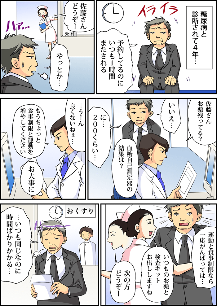 糖尿病を患う主人公。通院するも病院での待ち時間が長く、さらに医師からは「運動と食事制限でがんばって」と毎回同じことを言われるばかりで、治療が進んでいる兆しも感じられず時間ばかりを取られながら薬をもらいしぶしぶと帰っていく。